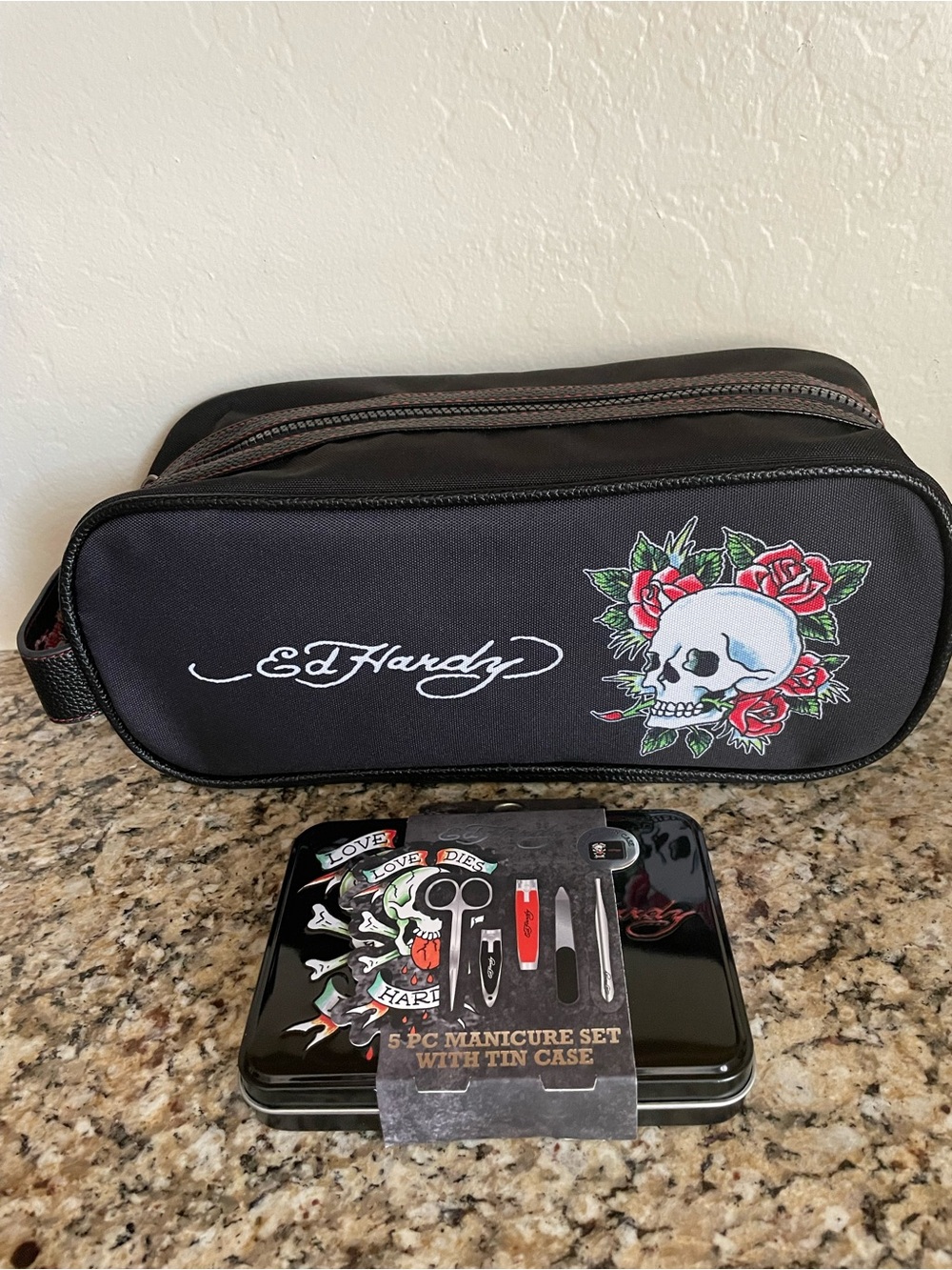 Ed Hardy Men’s  Black Skull & Red Rose Toiletry Pouch & Manicure set.